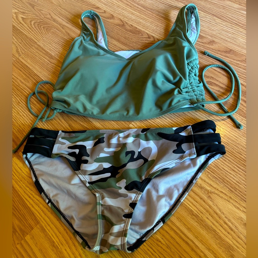 🏆BOGO! Heat camo green army colored 2piece, bathing suit, cute sexy fun camping